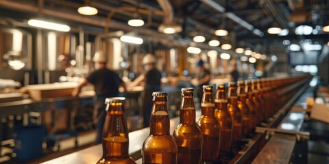 Crafting Perfection, Brown Glass Beer Bottles Progressing Along Production Line Conveyor Belt in Brewery, with Workers in Background, Highlighting the Art of Industrial Food Production. - obrazy, fototapety, plakaty