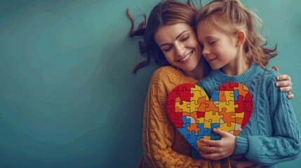 Happy family. Mother and daughter are holding a puzzle heart on a blue background. Mental health care concept with autistic child's supported by nursing family caregiver. - obrazy, fototapety, plakaty