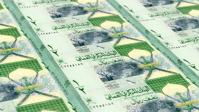 Oman Omani Rial 1,2 Banknotes Money Printing House, Printing Half Of One Omani Baisa, Printing Press Machine Print out Omani Rial, Being printed by currency press machine 1,2 Omani Rial banknote