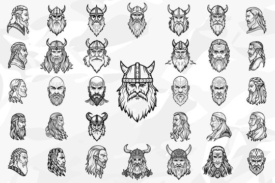 M&auml;nnliche Normannen / Wikinger: Lineart Skizzen Symbole - Vektorgrafik-B&uuml;ndel
