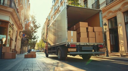 Efficient Relocation, Professional Movers Transporting Furniture and Cardboard Boxes from Truck to Street with Expertise and Care.