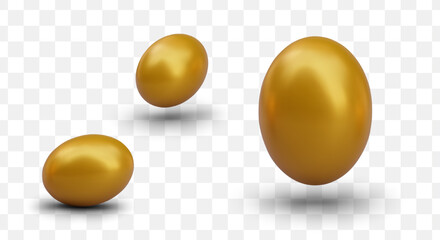 Set of golden realistic eggs in different positions. Sweet surprises wrapped in shiny foil