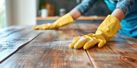 Home Refresh, Woman Hands in Rubber Gloves Dusting Wooden Table in Kitchen Room Interior. Concept of Cleaning and Household Maintenance. - obrazy, fototapety, plakaty