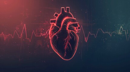 Human Heart with Cardio Pulse Line on Dark Background, Concept of Healthcare and Cardiology - obrazy, fototapety, plakaty