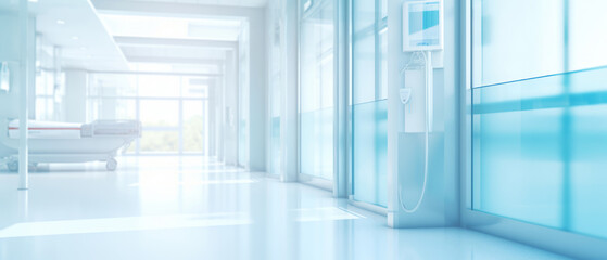 Obraz premium Blurred Hospital Corridor Illuminated by Warm Sunlight