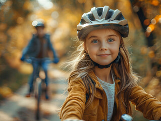 Girl riding a bicycle in a safety helmet with her family in the park in autumn, enjoying a family weekend - 747349932