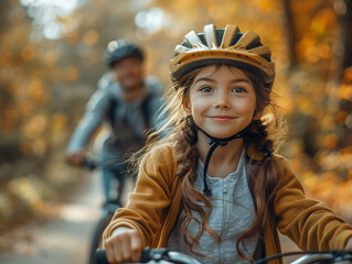 Girl on a bicycle wearing a helmet with her family in the park in autumn, enjoying a family weekend - 747349970