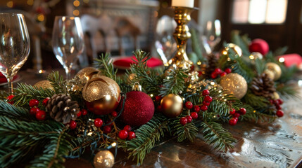 A festive table centerpiece made of fresh pine branches bright red berries and gold ornaments illuminating the room with Christmas spirit.