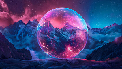 a neon light globe with mountains in the background i