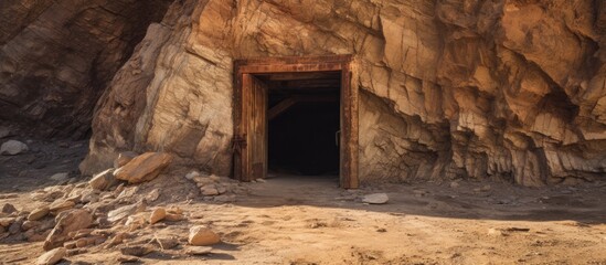 A shaft entrance to a deserted Death Valley mine, piercing the rugged side of a mountain, revealing a mysterious passageway into the earth.