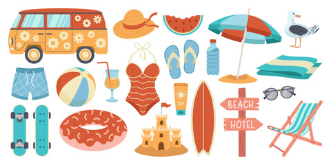 A set of summer stickers for your diary. Beach party elements collection