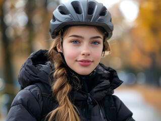 Teen girl with red hair rides a bike with her family in the park in autumn, enjoys weekends and outdoor activities - 747350596