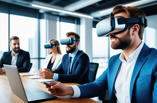Business team using virtual reality headset in office meeting Developers meeting with virtual reality simulator around table in creative office. with copy space image. Place for adding text or design 