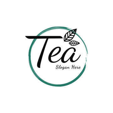 Green tea logo design with leaf and circle for business drink ice tea