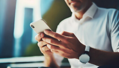 Close up of a man using mobile smart phone