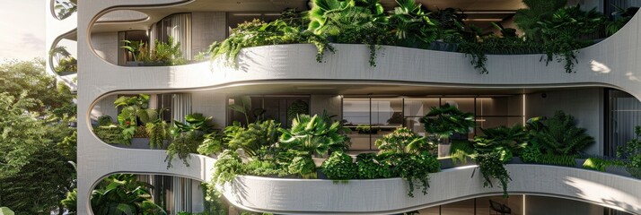 Modern Architectural Marvel, Building with Lush Green Balconies Seamlessly Integrated into Urban Environment - obrazy, fototapety, plakaty