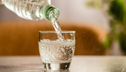 Close up the pouring purified fresh drink water from the bottle on table in living room