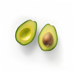 A ripe avocado cut in half, seed visible, on white background