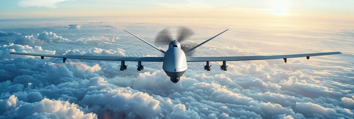 Sky Guardians, Unmanned Military Drone Soars Above the Clouds, Exemplifying American Technology in Military Reconnaissance and Surveillance. Concept of Aerial Security and Rapid Response. - obrazy, fototapety, plakaty