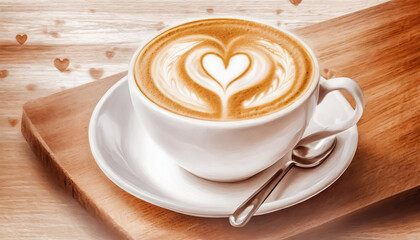 Close up white coffee cup with heart shape latte art on wood tab