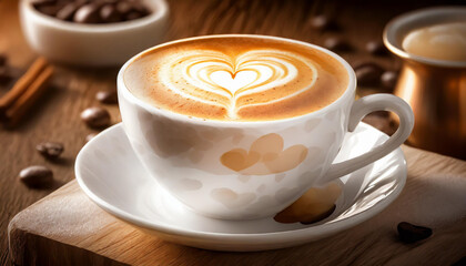 Close up white coffee cup with heart shape latte art on wood tab