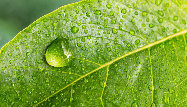 Close-up of green plant leaf one drop of rain, image for nature background