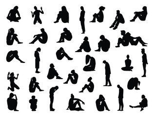 Sad people silhouette vector art white background