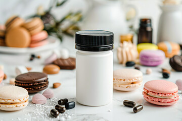 Obraz na płótnie Canvas sugar substitute pills in plastic bottle on white background with sweet desserts macarons. Side view. Mock up. Capsules and pills of food nutrition supplements and vitamins. Dieting, detox. Pharmacy