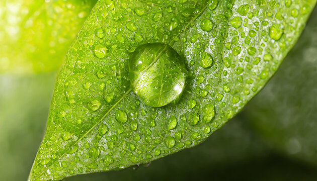 Close-up of green plant leaf one drop of rain, image for nature background