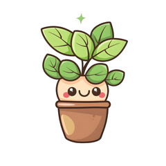 Vector cute plant in pot kawaii character white or transparent background