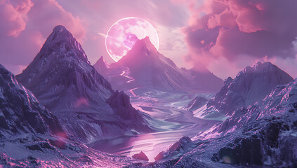 a pink and purple 80s style image of a mountain lands