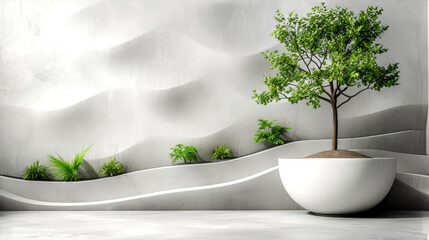 Green tree in pot with stairs and white wall.