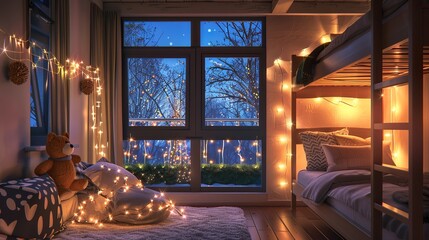 view of the spring's night from the comfortable bedroom, has two bunk beds is located near a large window