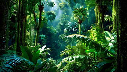 Deep tropical jungles. Dark rainforest, sun rays through the trees, rich jungle greenery. - Powered by Adobe