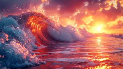 Papier Peint photo Orange Beautiful ocean waves at sunset.
