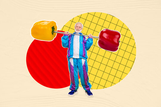 Photo collage retired happy man lifting burbell healthy nutrition vegetable diet bodycare exercise gymnast organic food vitamins