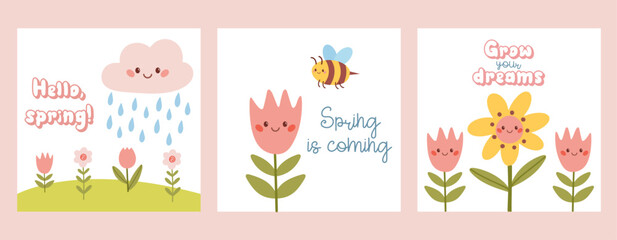 Fototapeta na wymiar set of cute spring cards with flowers,bee, rain cloud and elements.