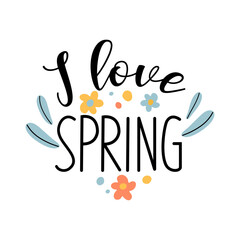 Hello spring quotes. Spring label with season calligraphy quotes, flowers. Positive phrases for stickers, postcards or posters. Vector illustration.