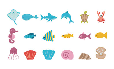 Fototapeta na wymiar Vector marine life collection with dolphin, shark, stingray, crab, jellyfish, turtle, fish, seashell and seahorse.