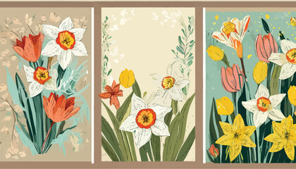 Fototapeta na wymiar Vintage floral greeting cards. Vector illustration of flowers, daffodil, narcissus, tulip, frame, wild flowers, plants and leaves on vintage paper for background, pattern or poster