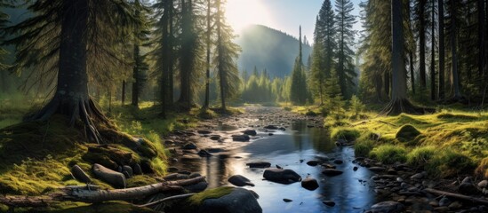 A stream gracefully winds its way through a dense forest, surrounded by vibrant green trees and foliage. The sunlight filters through the canopy, casting dappled shadows on the forest floor. - obrazy, fototapety, plakaty