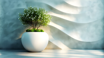 A white vase with a small plant in it.
