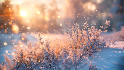 a snow covered field in the morning light in the styl