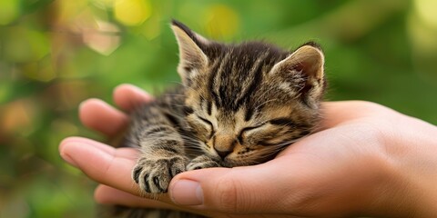 Very small kitten calmly sits in the owner palm, concept of Pet ownership