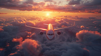 A modern passenger plane on the clouds behind the aircraft window, Pilots fly the plane. - obrazy, fototapety, plakaty