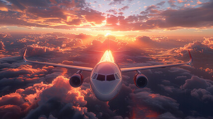 A modern passenger plane on the clouds behind the aircraft window, Pilots fly the plane. - obrazy, fototapety, plakaty