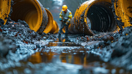 An engineer examining excavation drainage pipe and manhole water system underground at construction site.