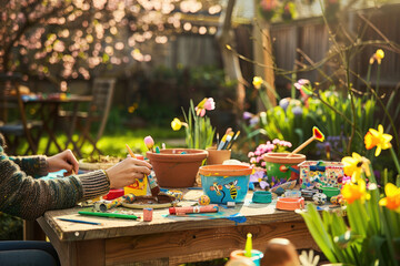 Crafting colorful garden decorations on a sunny spring day