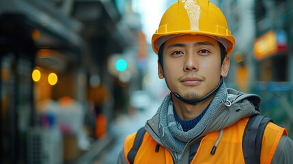 Asian young construction engineer at work with safety helmet and vest background banner