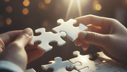 People holds in hand a jigsaw puzzle. Business solutions, success and strategy. - obrazy, fototapety, plakaty
